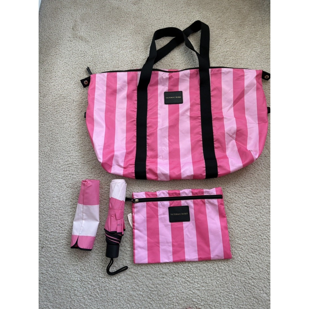 Victoria's Secret Black Pink Stripe Weekender, Make Up Bag And Umbrella Set Bags